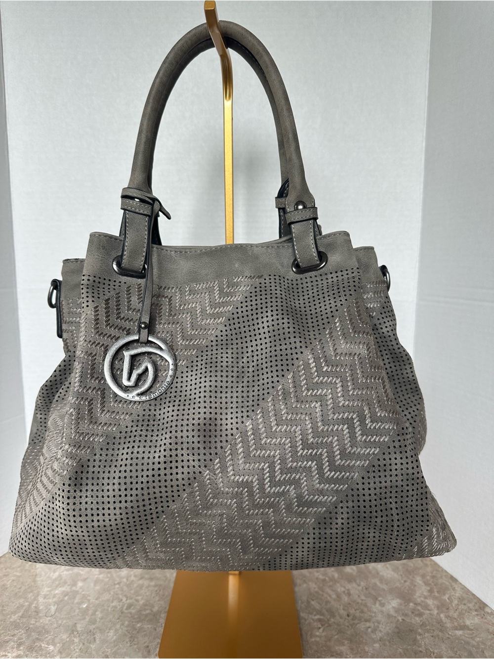 Remonte Gray Faux Suede Laser Cut Slouchy Shoulder Bag Satchel Charm Chic Tote